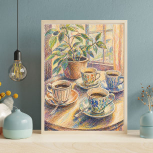 Colourful Coffee Cups Still Life Art Print, Cozy Poster