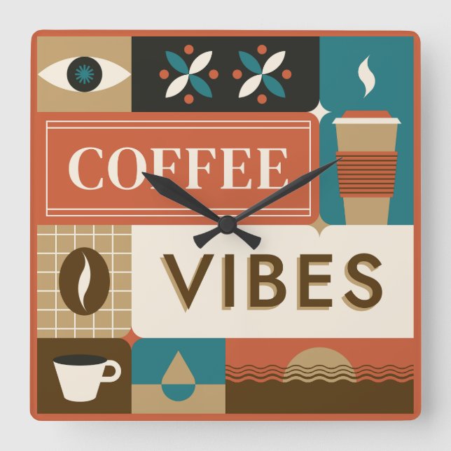 Colourful Coffee Quotes Square Wall Clock (Front)
