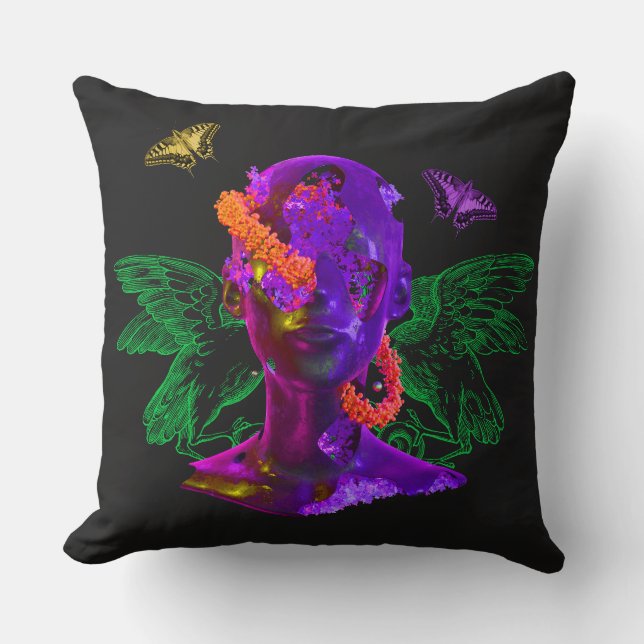 Colourful Collage Face and Butterflies Throw Pillow (Front)