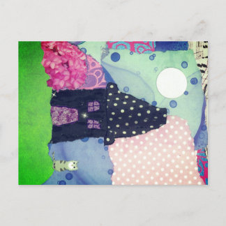 Colourful Collage with Tiny House, Moon, Cat Postcard
