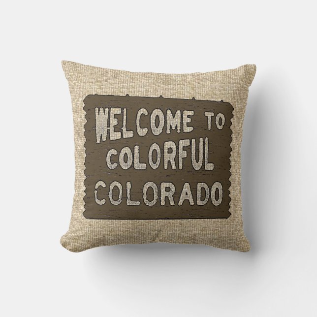 Colourful Colorado welcome sign burlap pillow (Front)