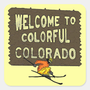 Colourful Colorado welcome sign skier stickers