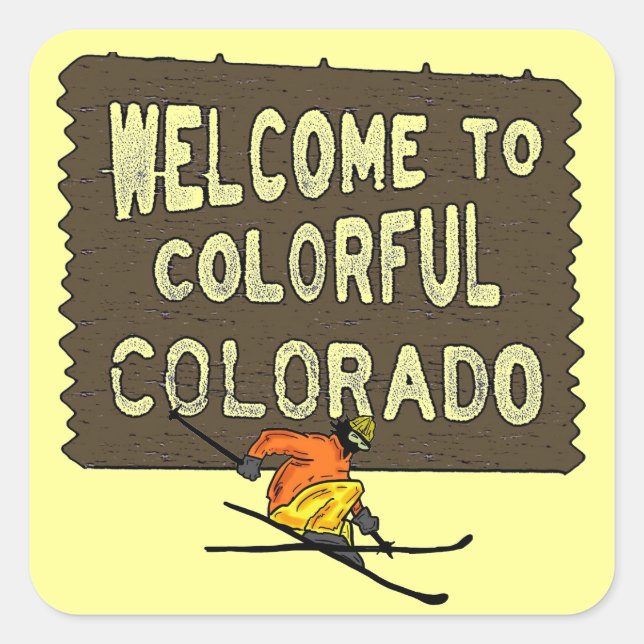 Colourful Colorado welcome sign skier stickers (Front)