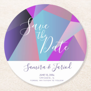 Colourful Colorblock Purple Save the Date Round Paper Coaster