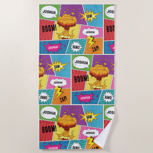 Colourful Comic Book Personalized Name Pop Art Beach Towel (Front)