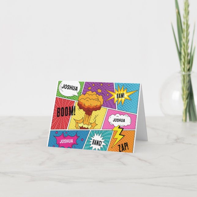 Colourful Comic Book Personalized Name Pop Art Card (Front)