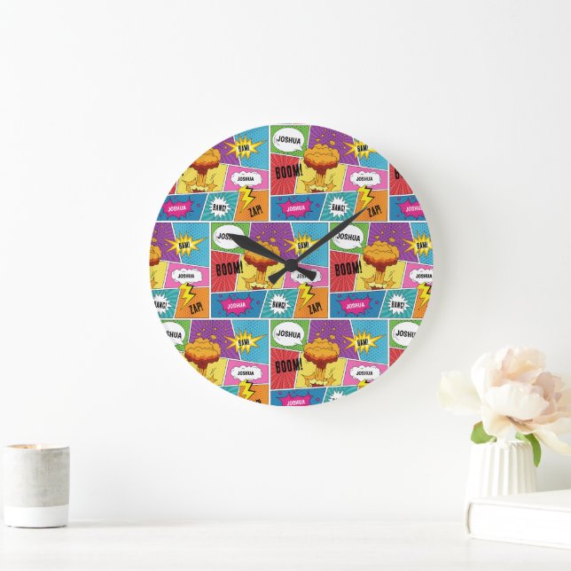 Colourful Comic Book Personalized Name Pop Art Large Clock (Home)