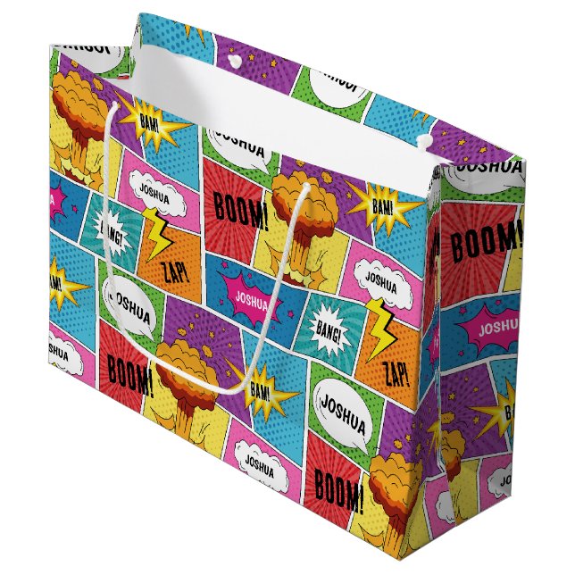 Colourful Comic Book Personalized Name Pop Art Large Gift Bag (Front Angled)