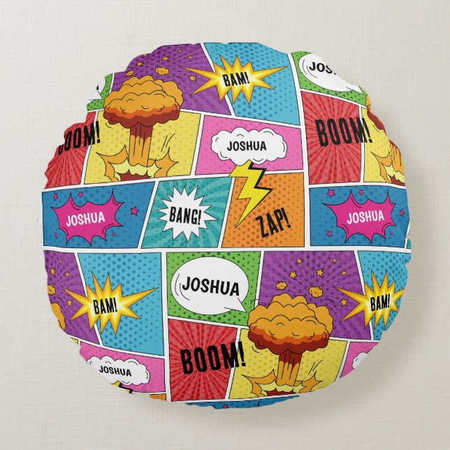 Colourful Comic Book Personalized Name Pop Art Round Pillow (Front)