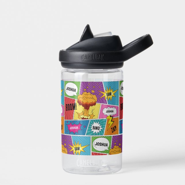 Colourful Comic Book Personalized Name Pop Art Water Bottle (Left)