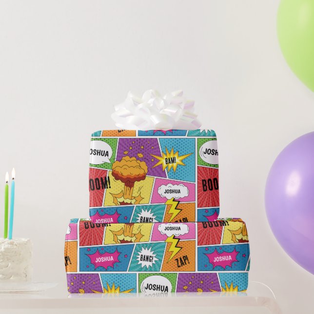 Colourful Comic Book Personalized Name Pop Art Wrapping Paper (Party Gifts)