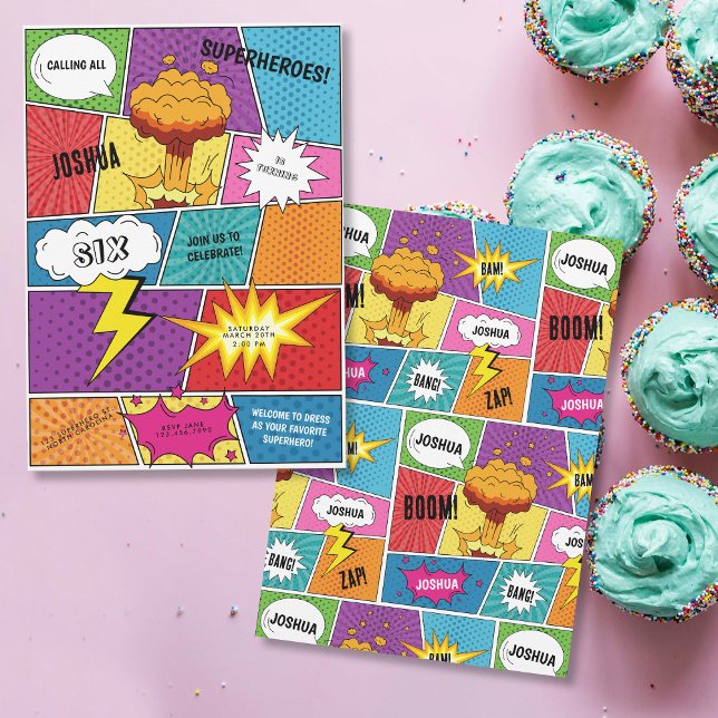 Colourful Comic Book Pop Art Kids Birthday Party Invitation (Colorful Comic Book Pop Art Kids Birthday Party Invitation)