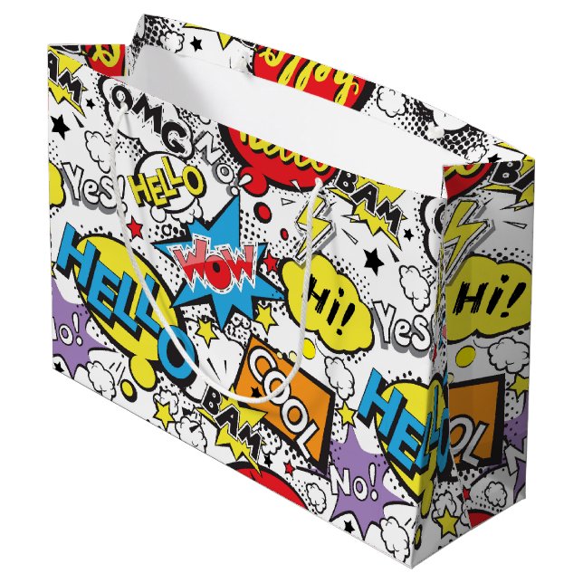 Colourful Comic Pop Art Speech Bubble Pattern Large Gift Bag (Back Angled)