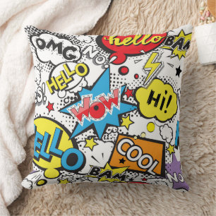 Colourful Comic Pop Art Speech Bubble Pattern Throw Pillow