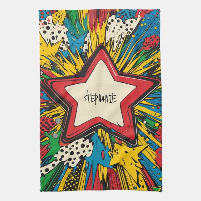 Colourful Comic Pop Art Starburst Explosion Kitchen Towel (Vertical)