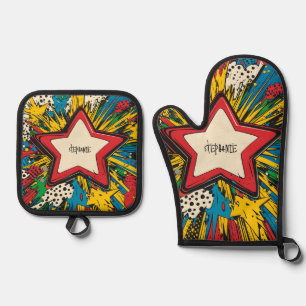 Colourful Comic Pop Art Starburst Explosion Oven Mitt & Pot Holder Set