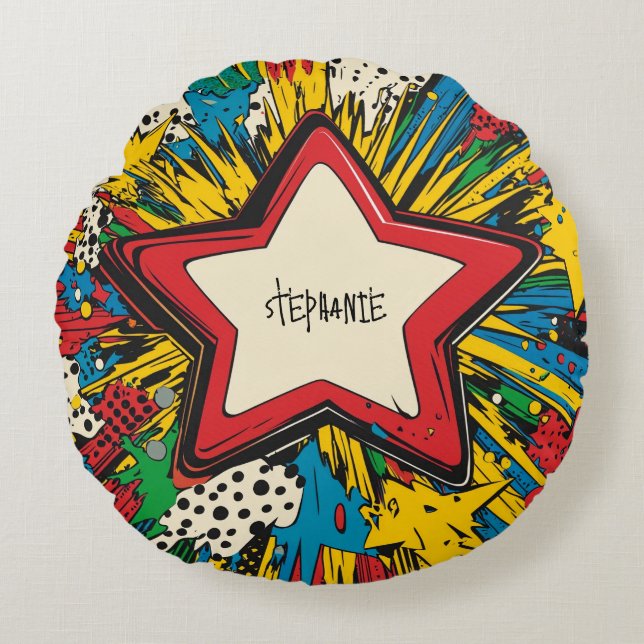 Colourful Comic Pop Art Starburst Explosion Round Pillow (Front)