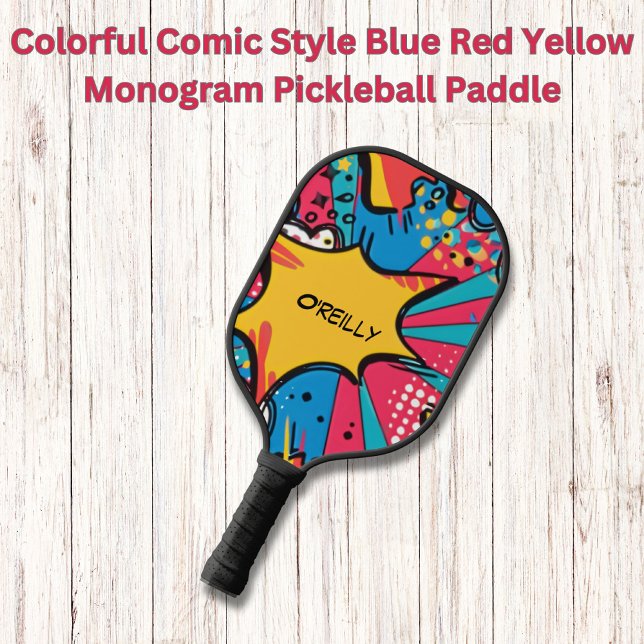 Colourful Comic Style Blue Red Yellow Monogram Pickleball Paddle (Creator Uploaded)