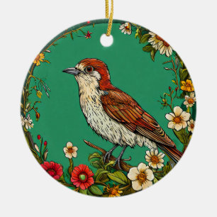 Colourful Common wren Bird Amid Blooming Flowers Ceramic Ornament
