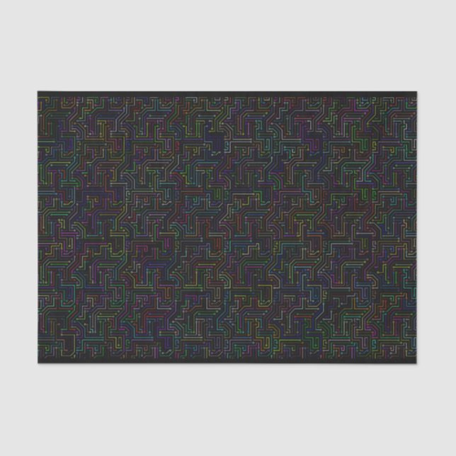 Colourful Computer Circuits Pattern on Black Tissue Paper (Front)