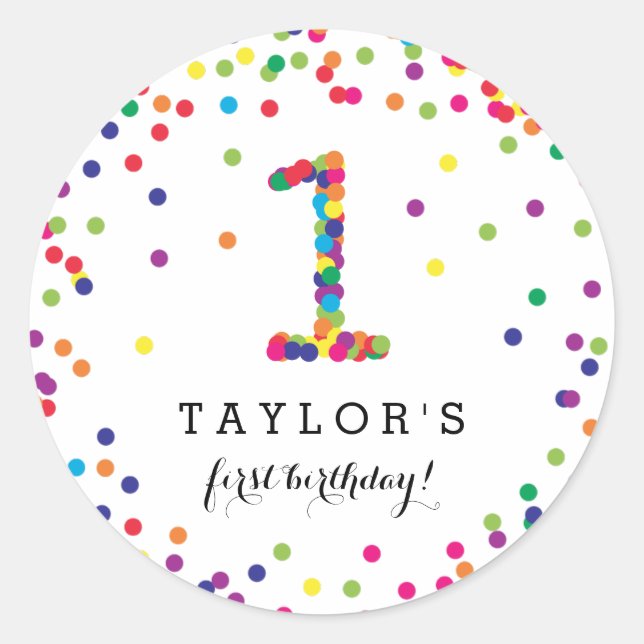 Colourful Confetti 1st Birthday Party Stickers (Front)