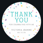 Colourful Confetti Birthday Celebration Thank You Classic Round Sticker<br><div class="desc">This Colourful Confetti Sticker features confetti in bright colours of teal,  purple,  yellow,  blue and pink with faux gold glitter. You can use these stickers on your party favours. For enquiries about custom design changes by the independent designer please email paula@labellarue.com BEFORE you customize or place an order.</div>