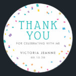 Colourful Confetti Birthday Celebration Thank You Classic Round Sticker<br><div class="desc">This Colourful Confetti Sticker features confetti in bright colours of teal,  purple,  yellow,  blue and pink with faux gold glitter. You can use these stickers on your party favours. For enquiries about custom design changes by the independent designer please email paula@labellarue.com BEFORE you customize or place an order.</div>