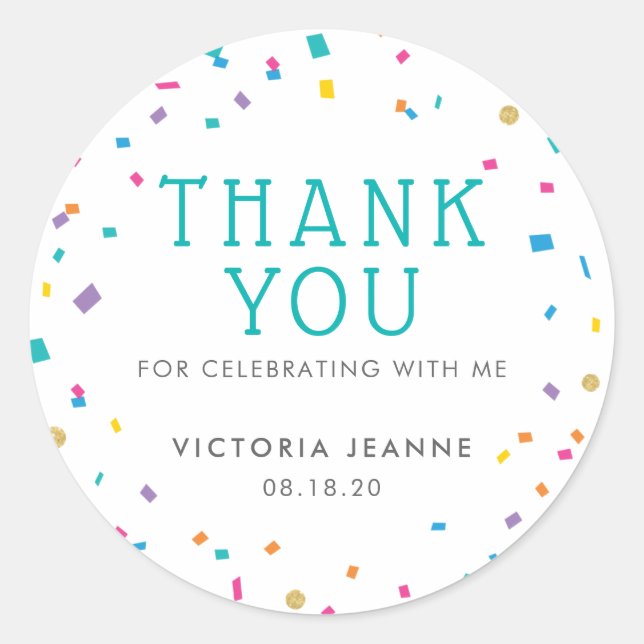 Colourful Confetti Birthday Celebration Thank You Classic Round Sticker (Front)