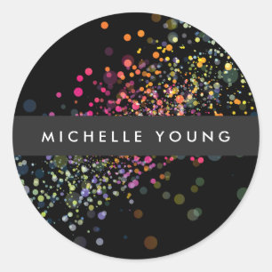 Colourful Confetti Bokeh on Black Modern Classic Round Sticker