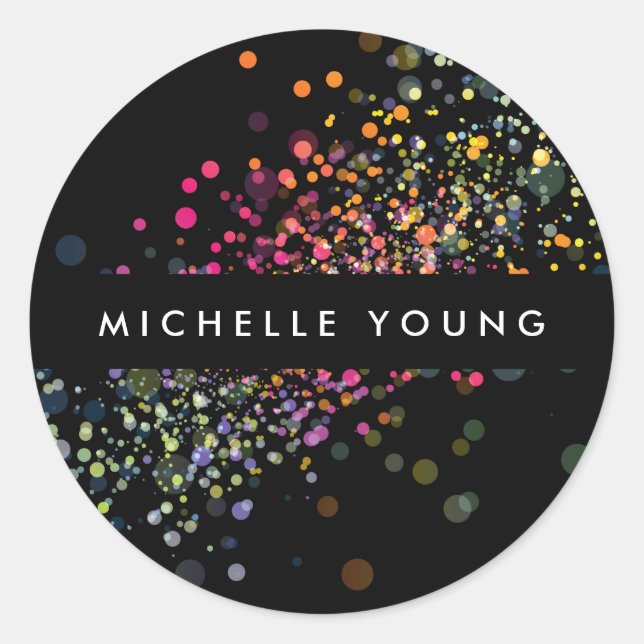 Colourful Confetti Bokeh on Black Modern II Classic Round Sticker (Front)