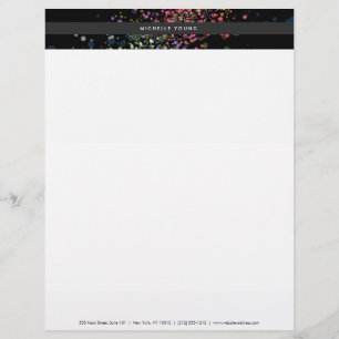 Colourful Confetti Bokeh on Black Modern Letterhead