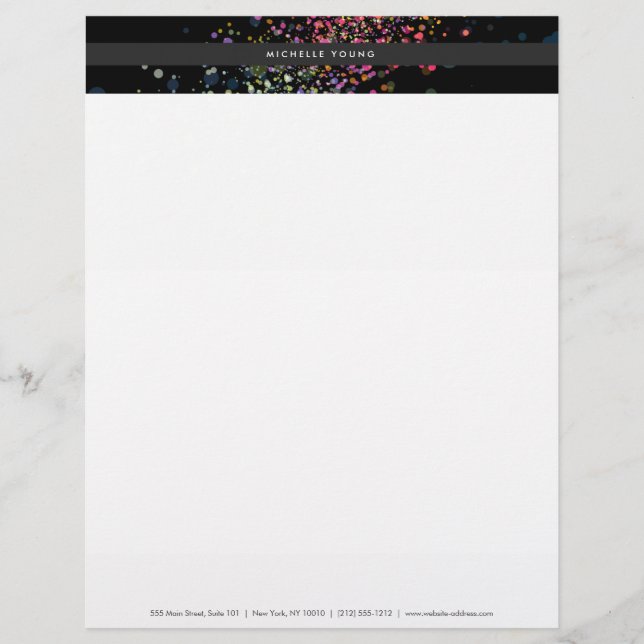 Colourful Confetti Bokeh on Black Modern Letterhead (Front)