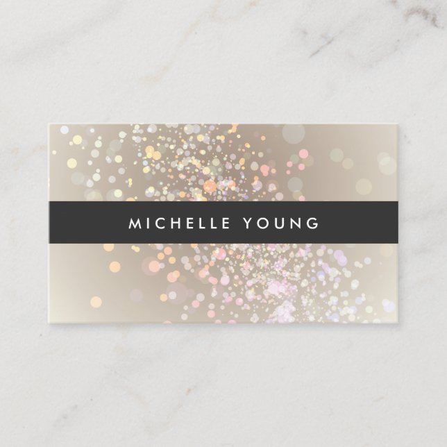 Colourful Confetti Bokeh on Tan Modern Business Card (Front)