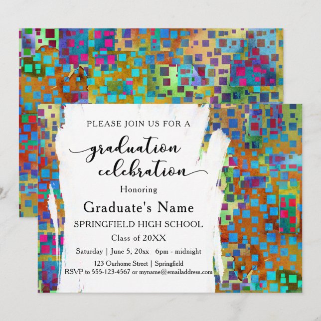 Colourful Confetti & Brushstrokes Graduation Party Invitation (Front/Back)
