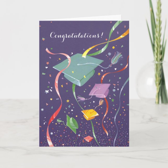 Colourful confetti cap graduation customizable car card (Front)