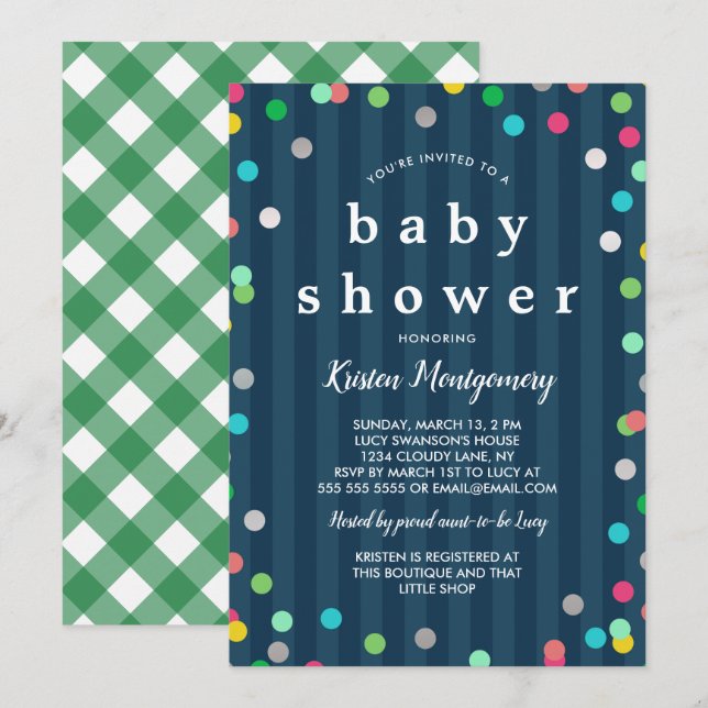 Colourful Confetti  - Dark Blue Baby Shower Invitation (Front/Back)