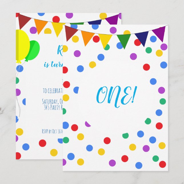 Colourful Confetti Dots and Balloons 1st Birthday Invitation (Front/Back)