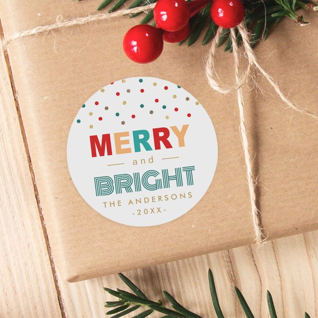Colourful Confetti Dots Merry and Bright Christmas Classic Round Sticker (Creator Uploaded)