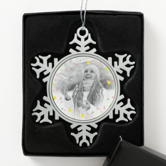 Colourful Confetti Dots Oh What Fun Holiday Photo Snowflake Pewter Christmas Ornament (Box)