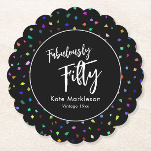 Colourful Confetti Fabulously Fifty Party Black Paper Coaster