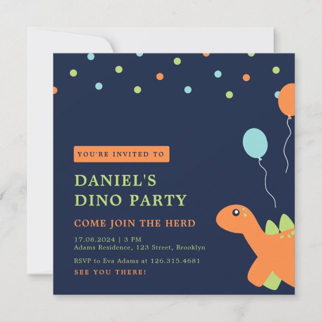 Colourful Confetti Party Dinosaur Birthday Invitation (Front)