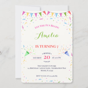 Colourful Confetti Pennant Banner 7th Birthday Invitation