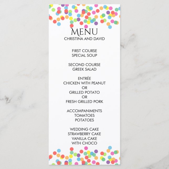 Colourful Confetti Rainbow Fun Wedding Menu (Front)
