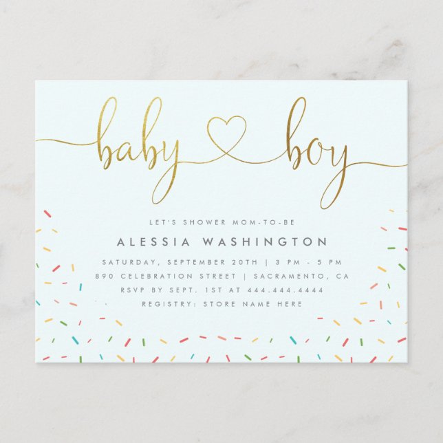 Colourful Confetti Sprinkle Gold Boy Baby Shower Invitation Postcard (Front)