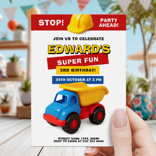 Colourful Construction Truck Birthday Invitation