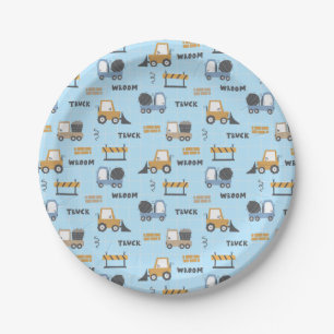 Colourful Construction Trucks Pattern Blue Paper Plate