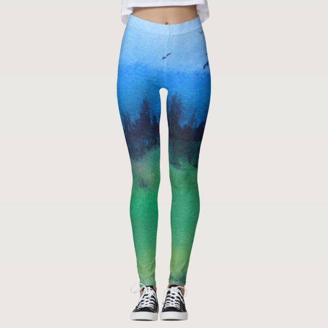 colourful contempory abstract design of landscape leggings (Front)