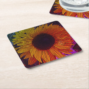 colourful contempory large yellow sun flower square paper coaster