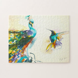 "Colourful Conversation" Hummingbird & Peacock Jigsaw Puzzle