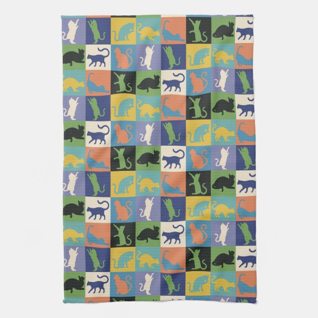 Colourful Cool Cat Silhouettes in Quilt Squares Kitchen Towel (Vertical)